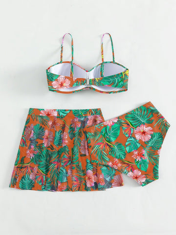 Costume da bagno bikini push-up con stampa tropicale con Gonna da spiaggia