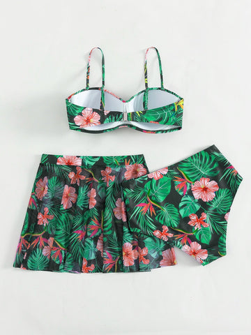 Costume da bagno bikini push-up con stampa tropicale con Gonna da spiaggia