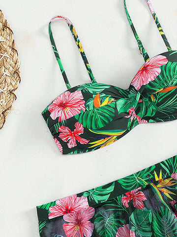 Costume da bagno bikini push-up con stampa tropicale con Gonna da spiaggia