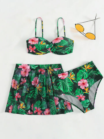 Costume da bagno bikini push-up con stampa tropicale con Gonna da spiaggia