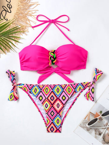 Costume da bagno bikini push up con stampa geo e slogan halter