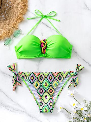 Costume da bagno bikini push up con stampa geo e slogan halter