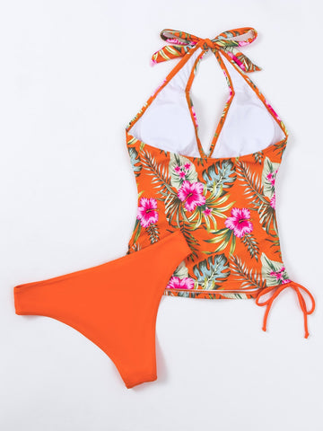 Costume da bagno bikini con annodatura al collo con stampa tropicale coulisse laterale