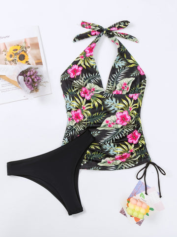 Costume da bagno bikini con annodatura al collo con stampa tropicale coulisse laterale