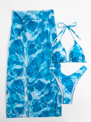 Costume da bagno bikini a triangolo con scollo all'americana con stampa marmo con Gonna da spiaggia