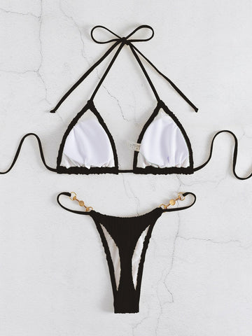 Costume da bagno bikini a triangolo con scollo all'americana collegato a catena