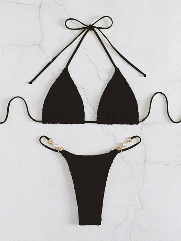 Costume da bagno bikini a triangolo con scollo all'americana collegato a catena