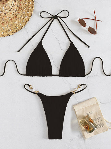 Costume da bagno bikini a triangolo con scollo all'americana collegato a catena