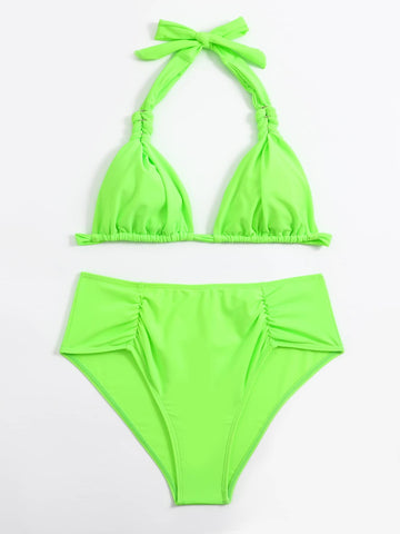 Bikini plissettato halter triangolo vita alta