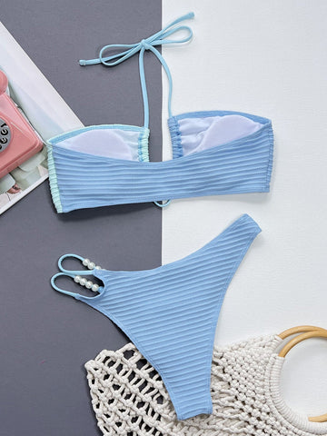 Costume da bagno bikini con annodatura al collo bicolore incrociato